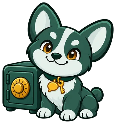 AUfred sentado ao lado de um cofre verde, com a chave no colar.