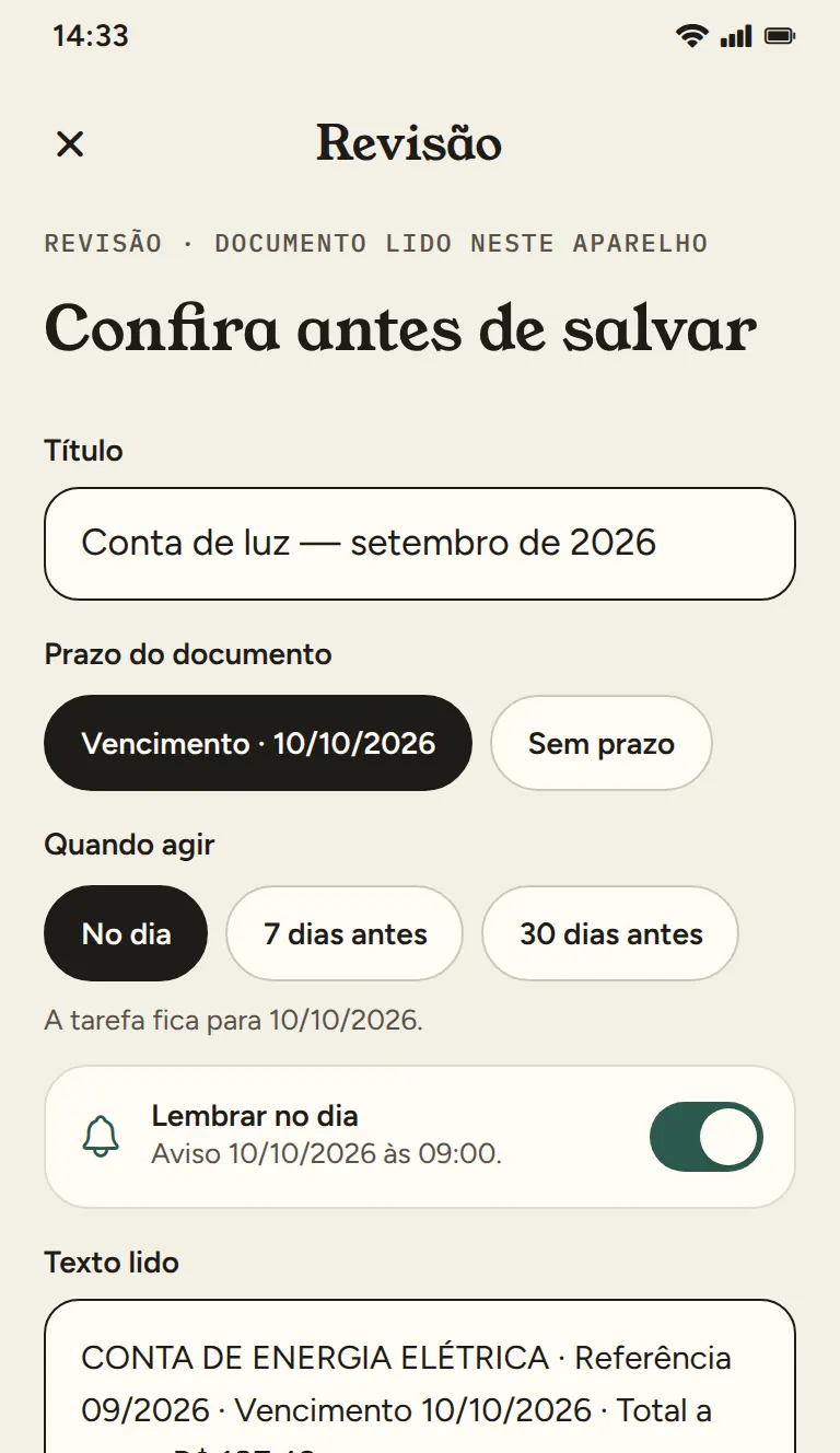 Tela “Confira antes de salvar”, com o documento lido neste aparelho: Conta de luz, setembro de 2026, vencimento em 10/10/2026, opções No dia, 7 dias antes e 30 dias antes, e a chave “Lembrar no dia” ligada.