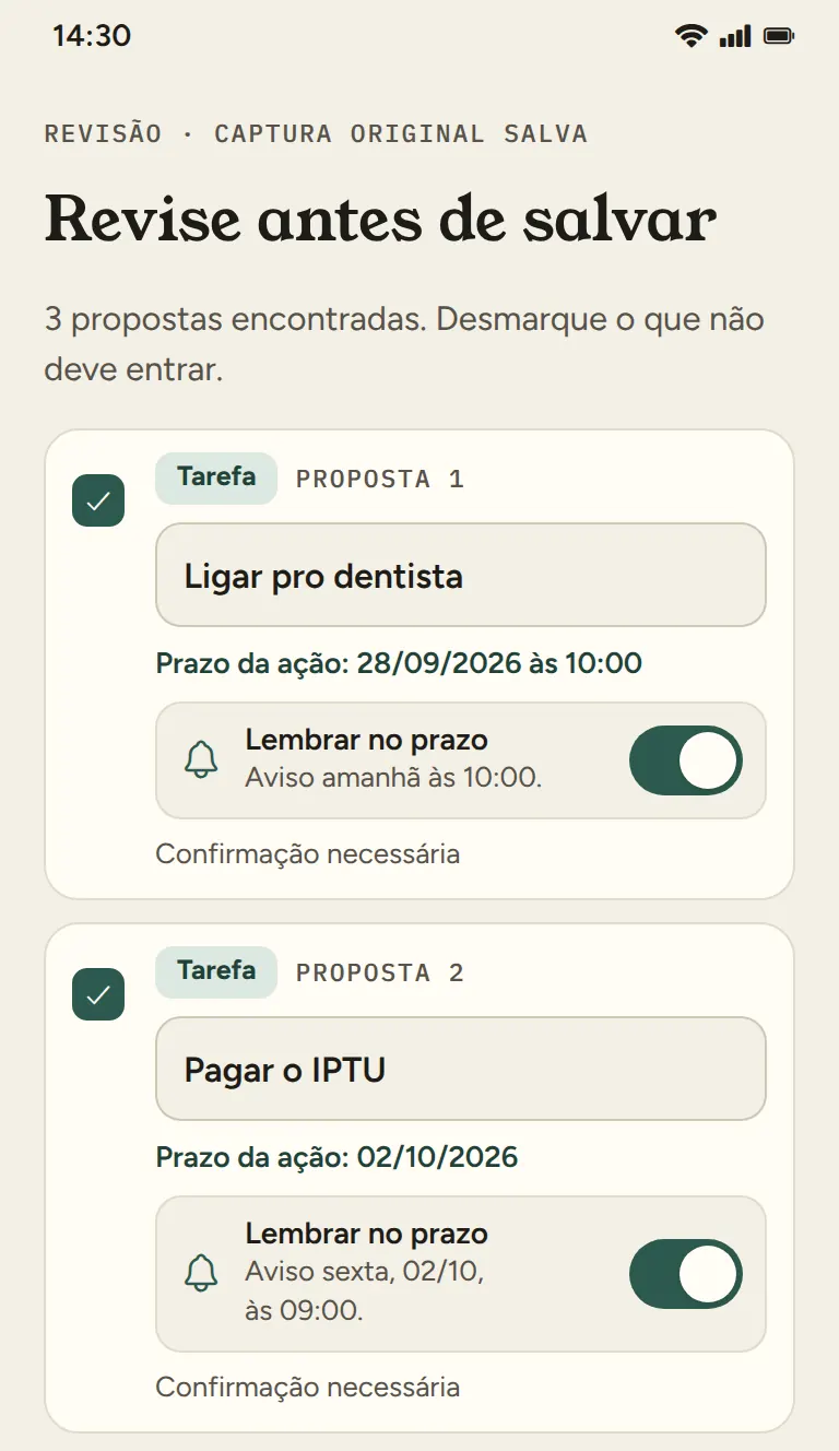 Tela “Revise antes de salvar”: 3 propostas encontradas. Ligar pro dentista, com prazo em 28/09/2026 às 10:00, e Pagar o IPTU, com prazo em 02/10/2026, as duas com a chave “Lembrar no prazo” ligada.